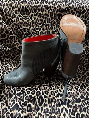 Coach Gray Leather Ankle Boots with Red Interior